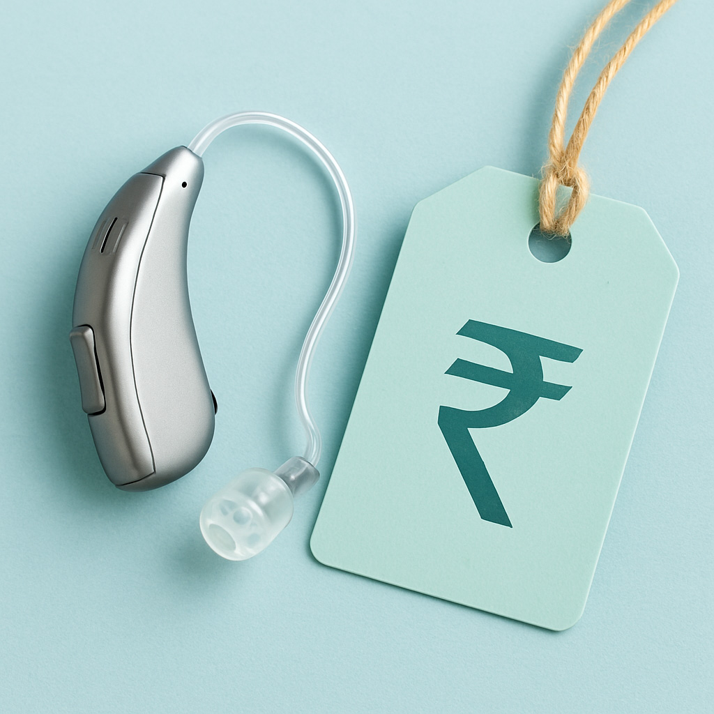 A modern hearing aid next to a price tag with a rupee symbol on it