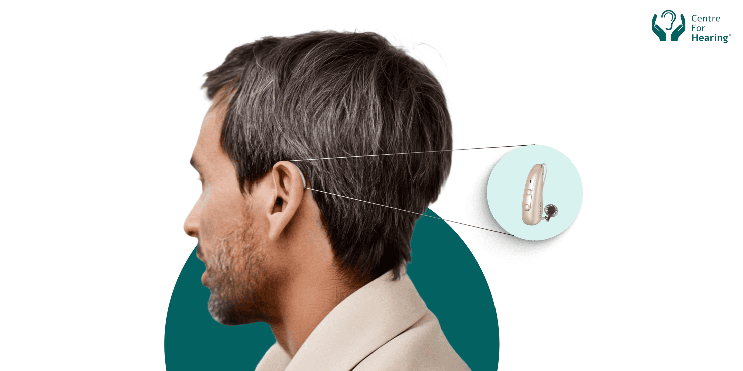 A person wearing Signia Pure Charge&Go IX